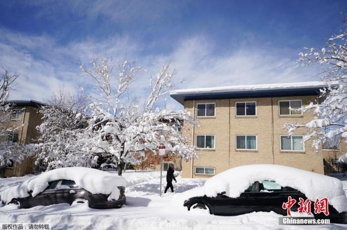 資料圖：當(dāng)?shù)貢r間2021年3月15日，美國科羅拉多州丹佛，當(dāng)?shù)赜瓉韽?qiáng)暴風(fēng)雪天氣，城市被積雪覆蓋。