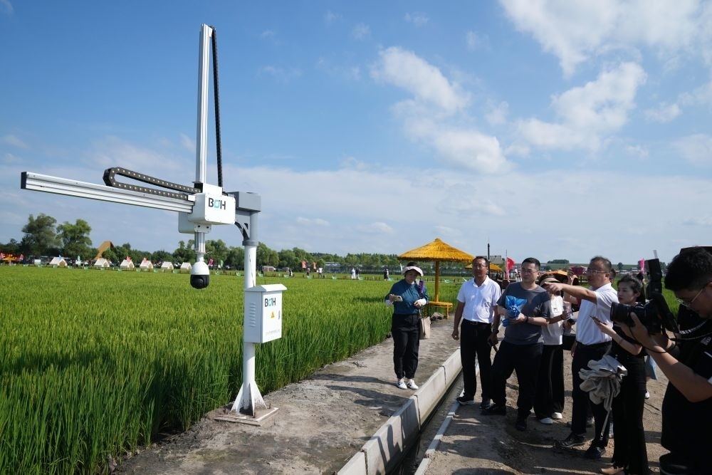 在北大荒集團(tuán)閆家崗農(nóng)場有限公司農(nóng)業(yè)現(xiàn)代化示范區(qū)，工作人員在介紹利用數(shù)字技術(shù)的葉齡診斷儀（2023年8月10日攝）。新華社記者 王建威 攝
