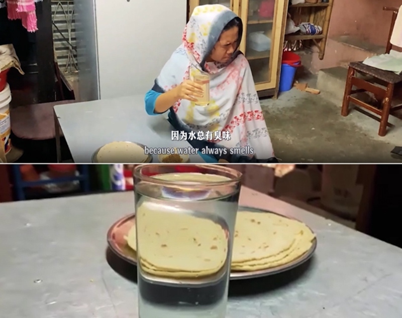 圖為紀(jì)實(shí)短片截圖：上圖為水質(zhì)未改善前，飲用水發(fā)黃渾濁；下圖為水廠建成后，飲用水水質(zhì)明顯改善，清澈透明。