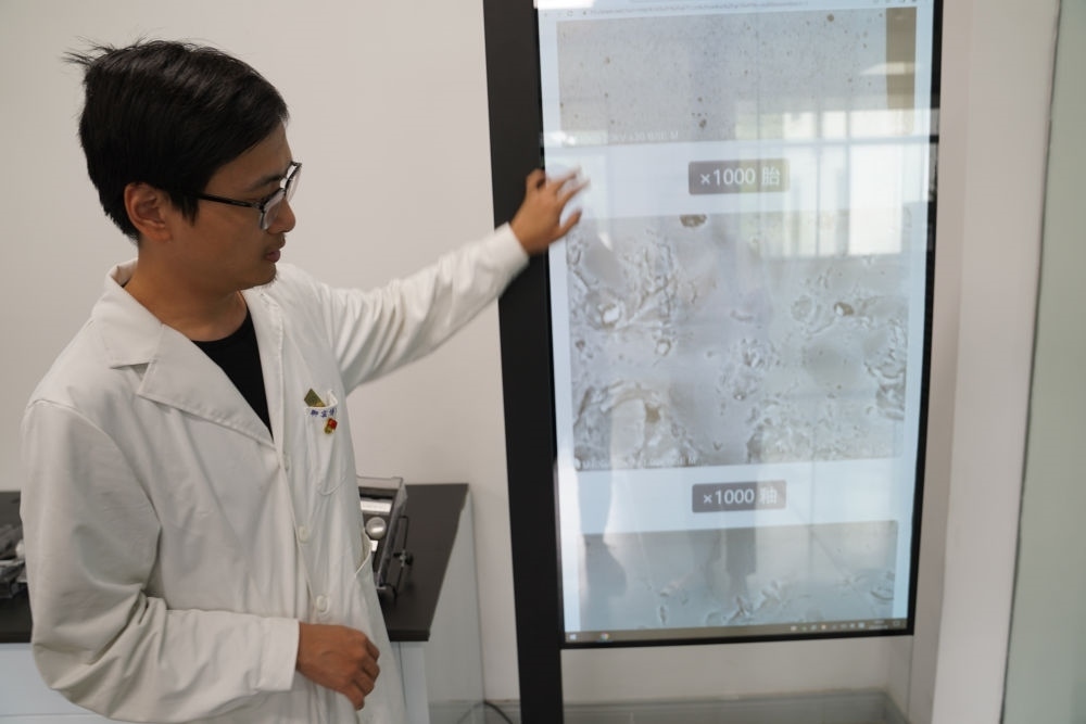 ↑ 工作人員展示瓷片標(biāo)本的配方研究數(shù)據(jù)（2023年5月16日攝）。