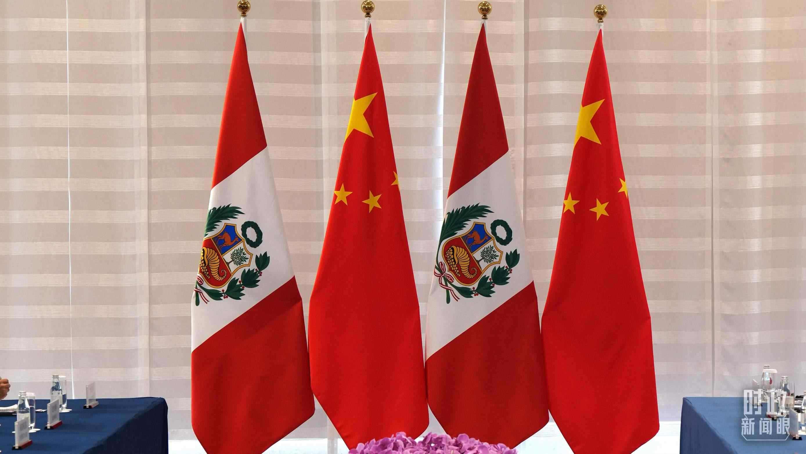 △會談現(xiàn)場的中秘兩國國旗。（總臺國廣記者李晉拍攝）