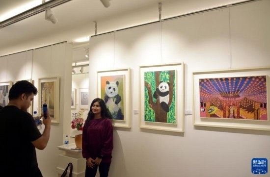 11月22日，在孟加拉國達(dá)卡，人們?cè)凇皣矣∠蟆崩L畫展上參觀拍照。新華社發(fā)（薩利姆攝）