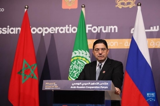 12月20日，在摩洛哥南部城市馬拉喀什舉行的第六屆阿拉伯-俄羅斯合作論壇主議程結(jié)束后，摩洛哥外交大臣布里達(dá)在記者會(huì)上講話。新華社記者霍晶攝