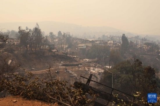 這是2月3日在智利瓦爾帕萊索大區(qū)比尼亞德?tīng)栺R市拍攝的在森林火災(zāi)中燒毀的房屋。新華社發(fā)