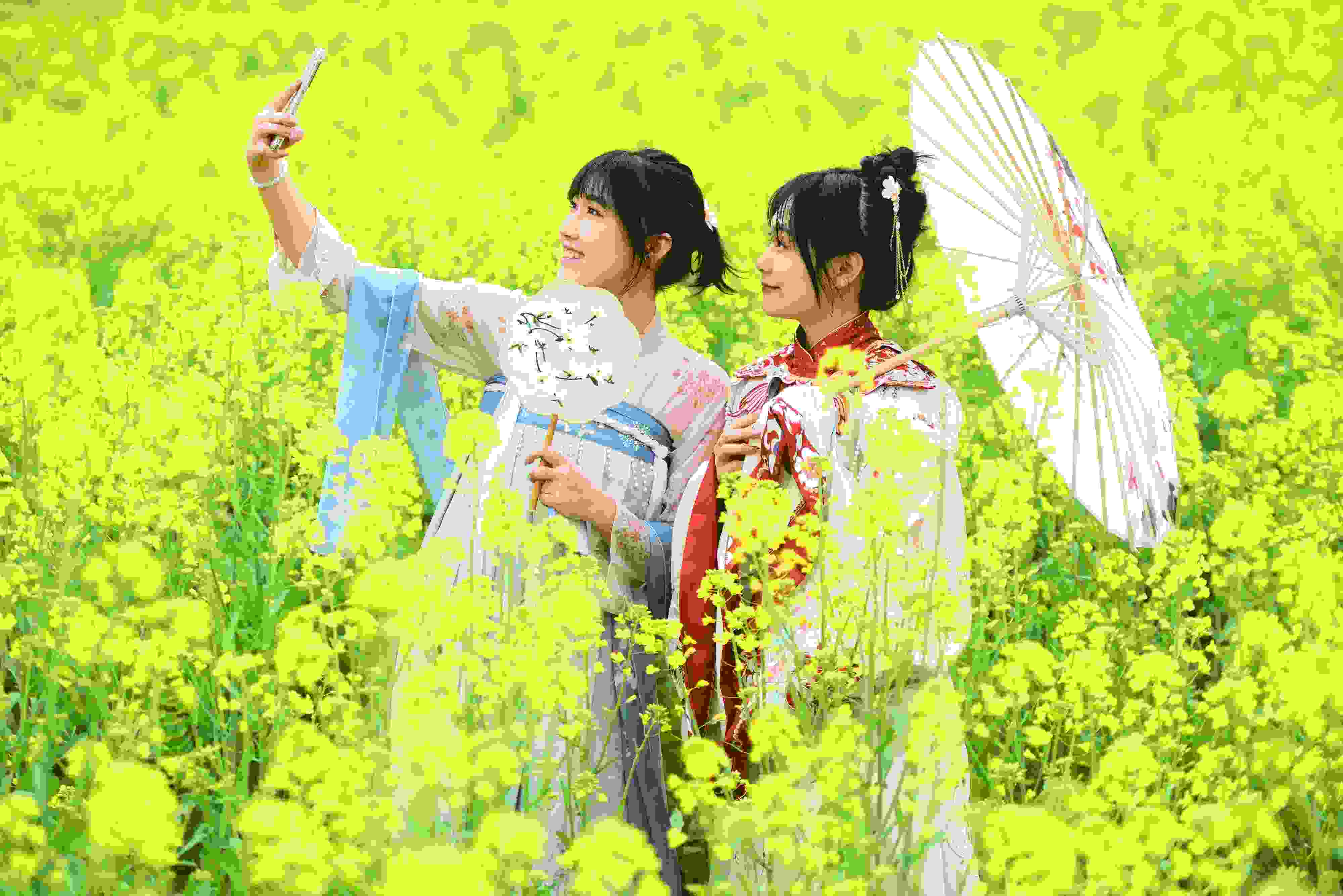 △ 2024年2月16日，廣西賀州，在富川瑤族自治縣麥嶺鎮(zhèn)三民村，游客在油菜花田間賞花拍照。