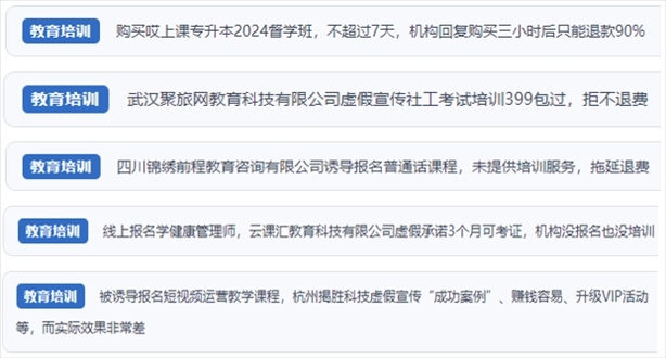 “人民投訴”用戶舉報機構虛假宣傳包過包拿證、虛假承諾收益效果、課程服務貨不對板、退款難等在線教培亂象。（“人民投訴”平臺截圖）