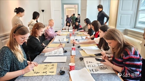 瑞典書法愛好者專心學習書法。人民網(wǎng)記者 殷淼攝