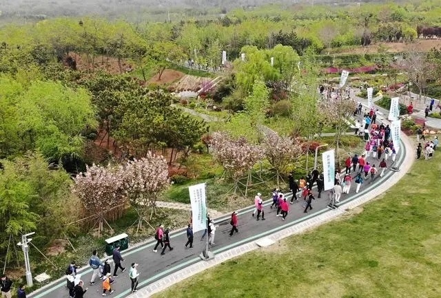4月27日，登山愛(ài)好者在浮山森林公園參加登山健身活動(dòng)（無(wú)人機(jī)照片）。新華社記者 李紫恒攝