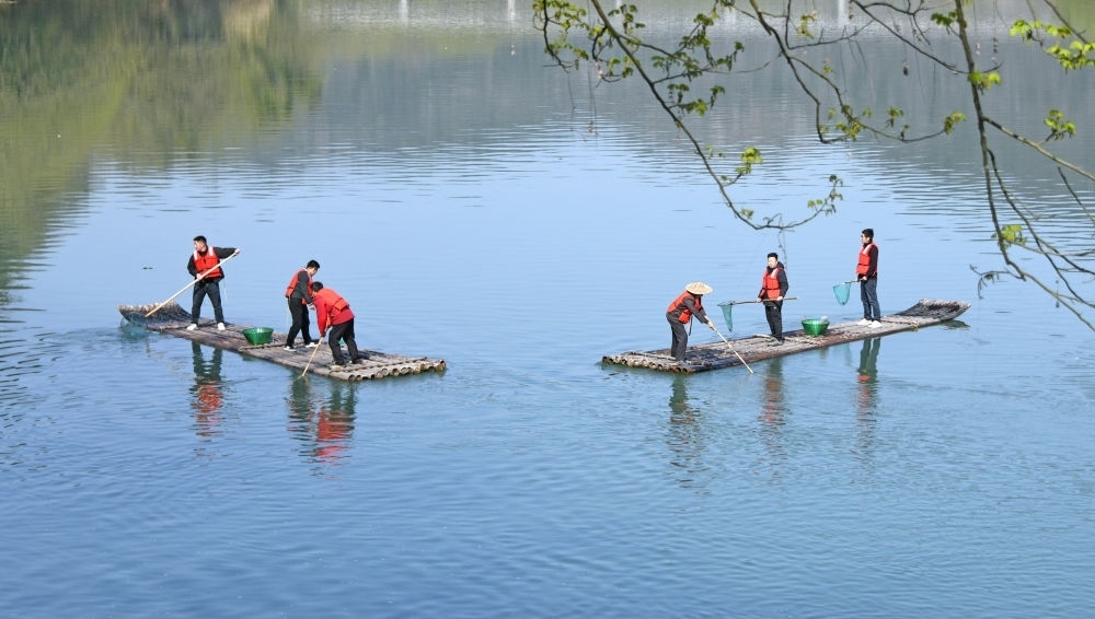 浙江省臺(tái)州市仙居縣步路鄉(xiāng)黨員志愿者與河長(zhǎng)一起在永安溪巡河護(hù)水，清理雜物垃圾（2024年3月20日攝）。新華社發(fā)（王華斌攝）