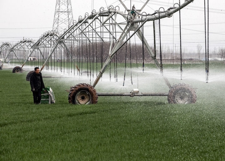 2024年3月18日，在河南省焦作市博愛(ài)縣孝敬鎮(zhèn)東原莊村瑞輝家庭農(nóng)場(chǎng)，村民使用全自動(dòng)指針式噴灌機(jī)進(jìn)行澆灌作業(yè)。新華社發(fā)（程全攝）
