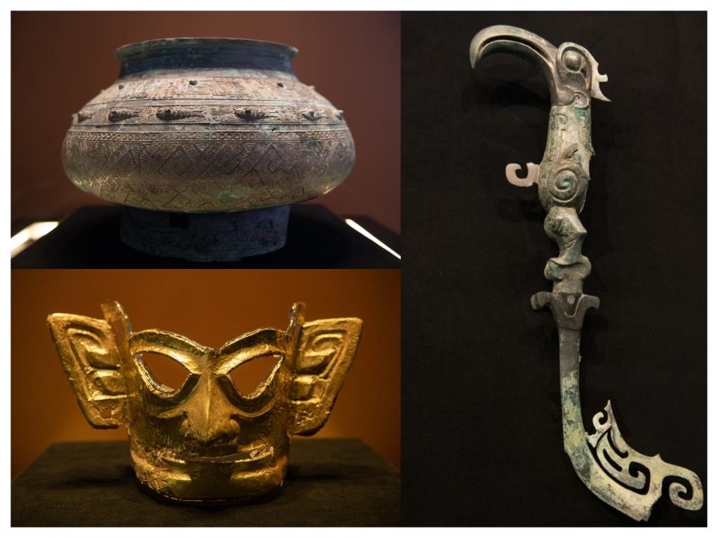 拼版照片：左上圖為青銅瓿，左下圖為黃金面具，右圖為青銅樹枝。新華社記者唐文豪 攝