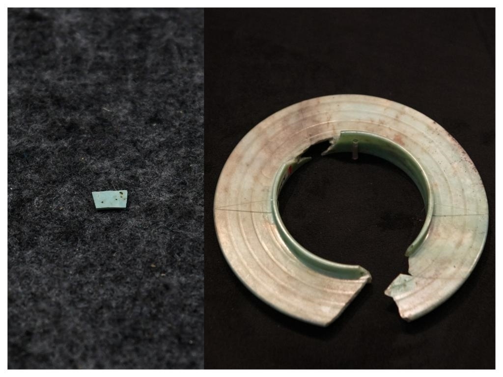 拼版照片：左圖為2024年7月10日拍攝的三星堆遺址出土的綠松石片（新華社記者王曦 攝），右圖為2024年7月21日在三星堆博物館文物保護(hù)與修復(fù)館拍攝的有領(lǐng)玉璧（新華社記者唐文豪 攝）。