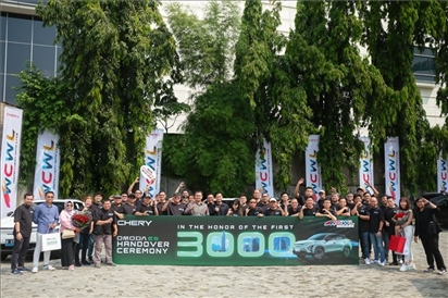 8月3日，中國車企奇瑞在雅加達舉行活動，慶祝在印尼交付第3000輛電動汽車OMODA E5。奇瑞汽車印度尼西亞銷售公司供圖