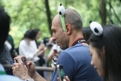 俄羅斯《俄羅斯報(bào)》視覺(jué)內(nèi)容編輯阿爾圖爾·杰魯諾夫在拍攝熊貓。（李佩藺 攝）