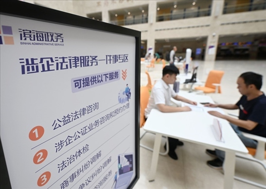 在天津?yàn)I海新區(qū)政務(wù)服務(wù)中心，工作人員在“涉企法律服務(wù)一件事”專區(qū)為市民提供服務(wù)（2024年7月31日攝）。新華社記者 趙子碩 攝
