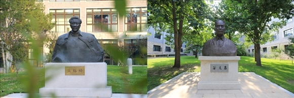 拼版照片：左圖為中央黨校（國家行政學(xué)院）校園內(nèi)的焦裕祿雕塑；右圖為中央黨校（國家行政學(xué)院）校園內(nèi)的谷文昌雕塑。