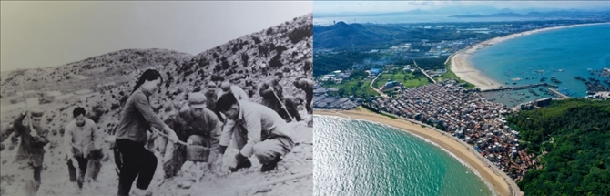 拼版照片：左圖為東山縣群眾在荒山上種植樹苗（資料照片）；右圖為2020年6月18日拍攝的東山縣陳城鎮(zhèn)澳角村附近風(fēng)光（無人機(jī)照片，新華社記者 姜克紅 攝）。