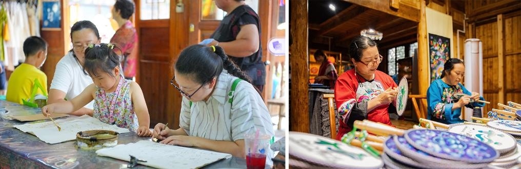 左圖：近期，游客在黎平縣肇興侗寨體驗(yàn)非遺蠟染藝術(shù)（黎平縣委宣傳部供圖）；右圖：這是2024年拍攝的繡娘在十八洞村梨子寨苗繡鄉(xiāng)村振興示范基地制作苗繡產(chǎn)品（湘西州委宣傳部供圖）。