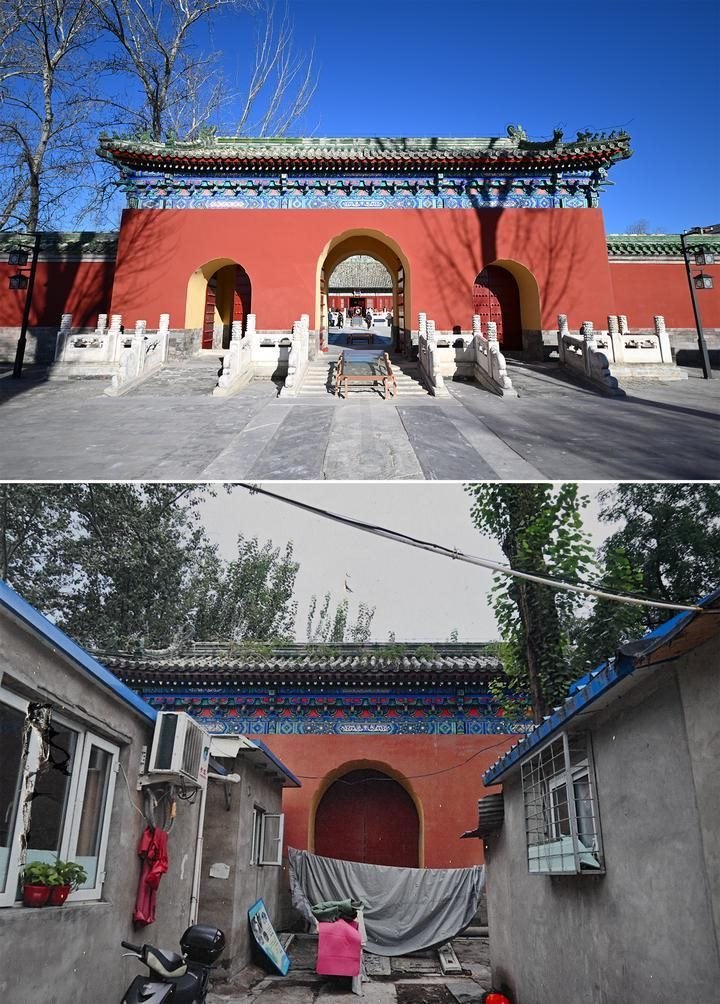 位于先農(nóng)壇內(nèi)的慶成宮，曾長(zhǎng)時(shí)間被雜亂的民居占據(jù)。在北京中軸線(xiàn)申遺保護(hù)工作的帶動(dòng)下，北京完成了慶成宮區(qū)域文物征收騰退、非文物建筑拆除、彩畫(huà)保護(hù)、本體修繕、展覽布陳等，讓560多年歷史的古建群重新回歸。2024年12月，北京中軸線(xiàn)上先農(nóng)壇內(nèi)的慶成宮首次面向社會(huì)公眾開(kāi)放。上圖為騰退修繕后的慶成宮內(nèi)宮門(mén)（資料照片）；下圖為翻拍的慶成宮內(nèi)宮門(mén)騰退修繕前的資料照片（2024年12月21日攝）。